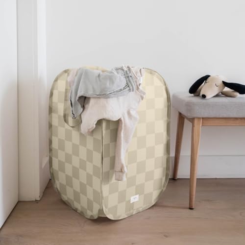 3 Sprouts Pop Up Hamper - Collapsible Laundry Basket, Popup & Foldable Design - Durable Waterproof Fabric for Dirty Clothes, Toys & Towels - Ideal for Dorm, Bedroom & Baby Nursery, Checkerboard Beige - color: Checkerboard Beige
