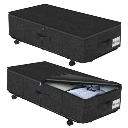 Large Sturdy Under Bed Storage with Wheels, 2 Pack 50L Rolling Underbed Storage Bins, Under Bed Containers Drawer with Metal Bottom Support, Bedroom Organizer with Lids for Clothes, Shoes, Blankets - color: Black-2 Pack, size: 9 Inch Tall - Regular Lid