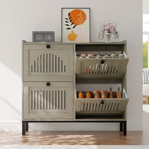 4-Door Flip Front Shoe Cabinet with Adjustable Shelves – Hidden Entryway Storage Organizer for Hallway, Foyer, Living Room – Freestanding Wooden Shoe Rack with Large Capacity & Modern Design, Grey - color: Grey, size: 9.45"D x 41.34"W x 37.9"H