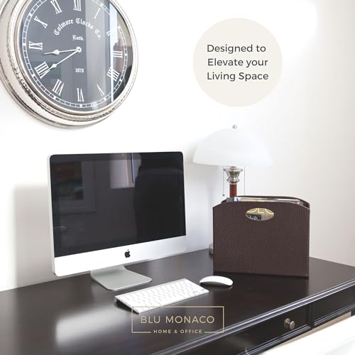BLU MONACO Brown Woven Leather Magazine Holder Basket with Handles | Vertical File Organizer for Desk | File Folder Storage Bin for Office, Living Room or Bathroom - color: Brown