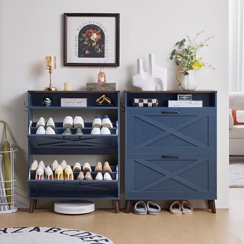 Joaxswe Shoe Cabinet Storage for Entryway with 2 Flip Drawers 2 Hook Open Storage Layer Rack Narrow Organizer Slim Hidden Wood Shoe Cabinet Furniture Dark Blue - color: Dark Blue