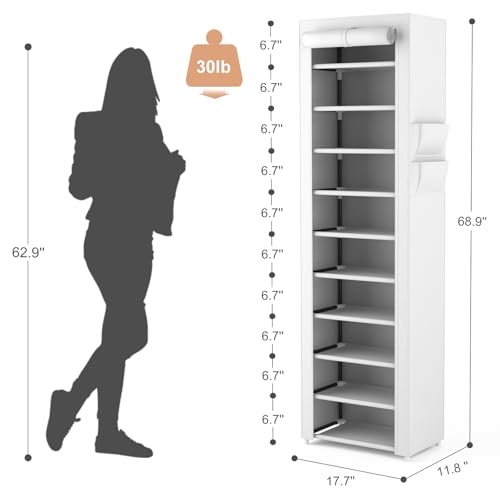 VTRIN Vertical Narrow Shoe Rack Organizer Tall Shoe Rack for Closet Entryway 10 Tier Non-Woven Cover Shoe Shelf Holds 20-22 Pairs Free Standing Shoe Storage Cabinet with Dustproof Cover, White - color: White, size: 17.7"W x11.8"D x 68.9"H