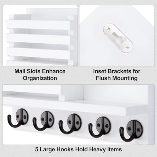 Lwenki Key Holder for Wall – Decorative Wooden Mail Holder and Key Shelf with Mounting Hardware, Installation Guide – Paulownia Wood with Metal Key Hooks (White, Large - 11.8inch) - color: White, size: Large - 11.8inch