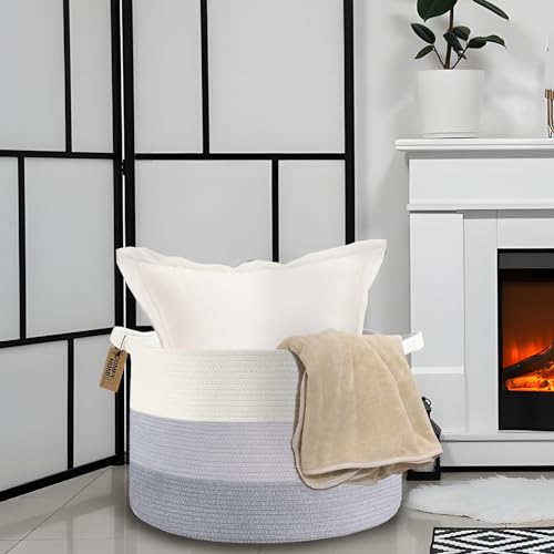 COMFY-HOMI XXXL Large Laundry Basket, Cotton Rope Nursery Woven Basket for Storage, Blanket Baskets Living Room Laundry Hamper, Dog Toy Storage Organizer, Home Decor-21''x21''x13.6''-White and Grey - color: white/grey