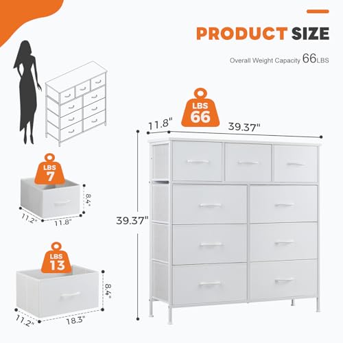 Sweetcrispy 9-Drawer Fabric Dresser Storage Tower with Wood Top and Steel Frame, Organizer Chest with Easy Pull Handles for Bedroom, Closet, Hallway,Pure White - color: White, size: 11.8"D x 39.6"W x 39.8"H (9 Drawers)