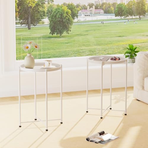 Garden 4 you Small Side Table, White Mini Round End Table, Tray Table with Metal Frame, Modern Nightstand for Living Room, Bedroom, Patio, Small Space, 1PCS - color: White, size: 1 PCS