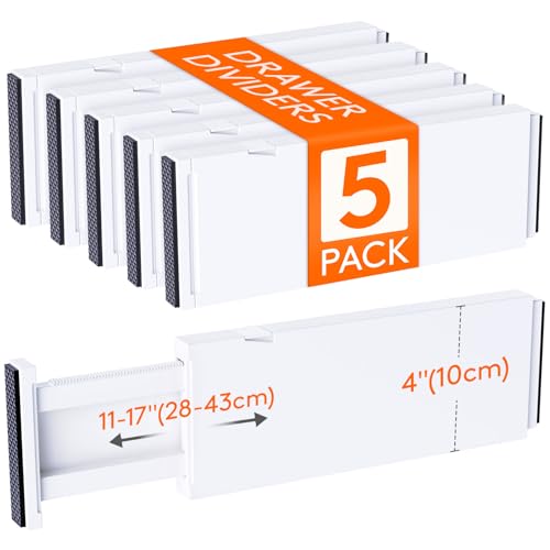 Lifewit 5 Pack 4" High Drawer Dividers 28-43.5cm/11-17" Adjustable Drawer Organizer for Clothes/Utensils, Expandable Drawer Separator in Dresser/Kitchen/Bedroom/Office Organization & Storage White - size: 4"H, 11-17"L