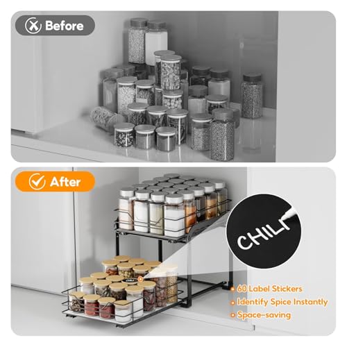 Spice Rack Organizer for Cabinet, 2 Tier Vertical Pull Out Spice Rack – Heavy Duty Metal Spice Organization for Cabinet, 40-Jar Capacity, Height Adjustable Cabinet Organizer (9"W×10.5"D×9"H, Black) - size: 9"W X 10.5"D X 9"H - 2 Tier