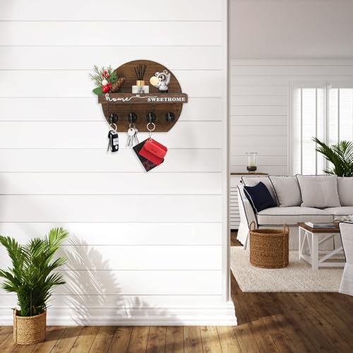Key Holder for Wall, Key and Mail Holder Organizer - Key Holder Wall Mount with Bouquet Shelf and Key Hooks, Round Wooden Rustic Key Rack for Entryway and Home Decor (Brown) - color: Brown