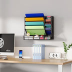 Jakyitvi File Organizer Wall Mounted, 4 Tiers Durable Adjustable Metal Desk Organizer, Desktop Hanging File Holder with 4 Pen Slots Stable, 4 Pull-Out Divider for File, Mail, Black, Patent Pending - size: 5 Tier & Metal