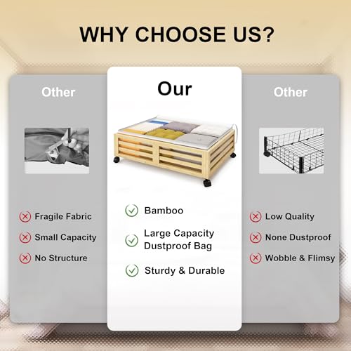 Under Bed Storage Containers With Wheels - 2 Pcs Bamboo Wood Rolling Underbed Shoe Storage Bins With Dust Bags for Clothes Blankets, Duvet Covers Snacks Toys (Natural) - color: Nature, size: M
