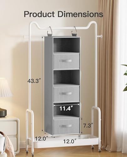 Pipishell Hanging Closet Organizer 6-Shelf, Hanging Shelves for Closet with 3 Removable Drawers & Side Pockets for Bedroom, Garment Rack and Wardrobe Organization, 12' x 12' x 43.3', Dark Gray - color: Grey
