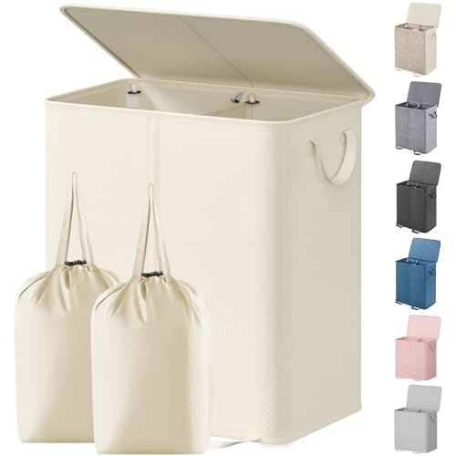 Lifewit Double Laundry Hamper with Lid and Removable Laundry Bags, Large Collapsible 2 Dividers Dirty Clothes Basket with Handles for Bedroom Laundry Room Closet Bathroom College, 155L Ivory White - color: Ivory White, size: 155L