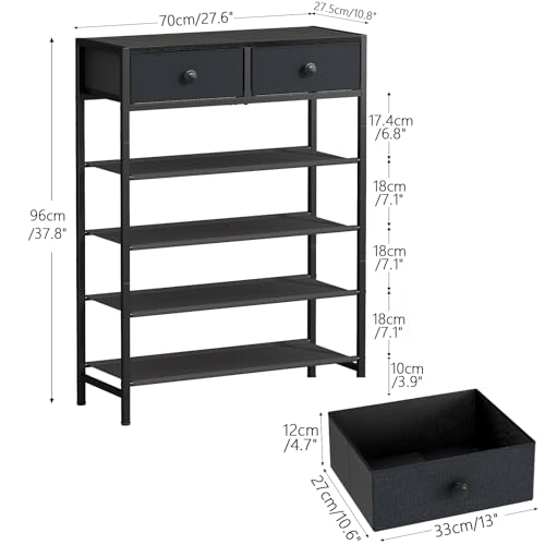 Shoe Rack, 5 Tier Shoe Organizer with 2 Drawers, Metal Shoe Storage for 16-20 Pairs of Shoes with Fabric Shelves and Wooden Top, Narrow Shoe Shelf for Closet Entryway Black Grey - color: Black Grey, size: 5 Tier(27.6 × 10.8 × 37.8)
