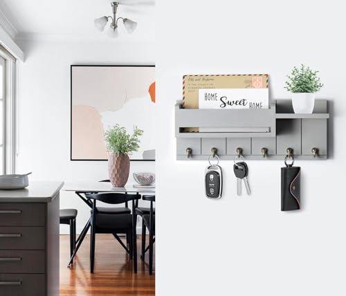 RelaxScene Key Holder Wall Mount - Key Hooks for Wall Decor Living Room - Wooden Key Hanger Rack and Mail Organizer with Shelf for Home Essentials - Modern Entryway House Decor Aesthetic - color: Gray, size: M(12''x4.8'')