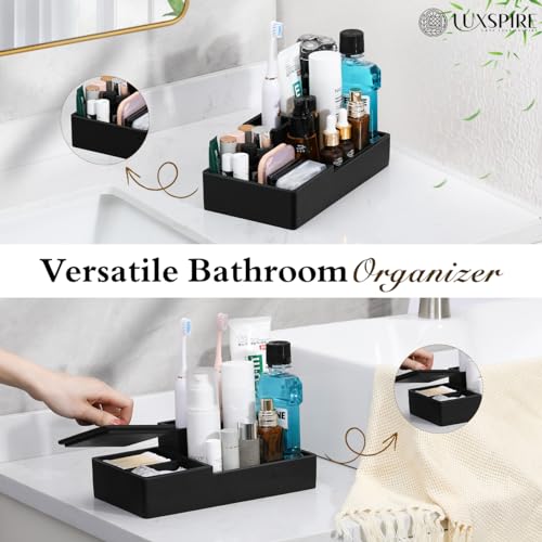 Luxspire Bathroom Counter Organizer, Marble Toothbrush Holder for Bathroom 6 Slot, Bathroom Vanity Organizer with Lid, Bathroom Organizer Countertop for Cotton Ball, Q-Tips, Floss, Matte Black - color: Matte Black, size: 6 slots