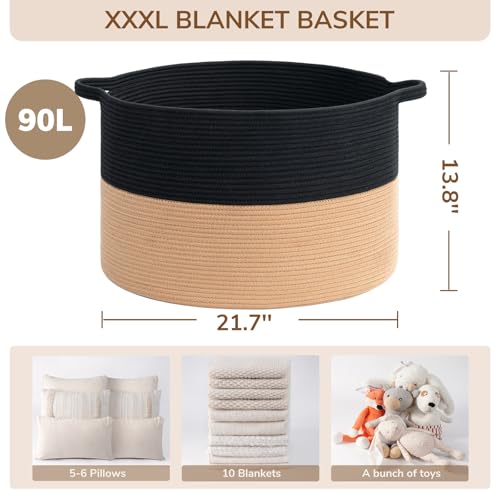 INDRESSME XXXLarge Cotton Rope Basket Woven Baby Laundry Basket Blanket Baskets Toy Baskets with Handle Comforter Cushions Storage Bin Thread Laundry Hamper - 21.7" x 21.7" x 13.8" - color: Black & Camel, size: 21.7"D x 13.8"H