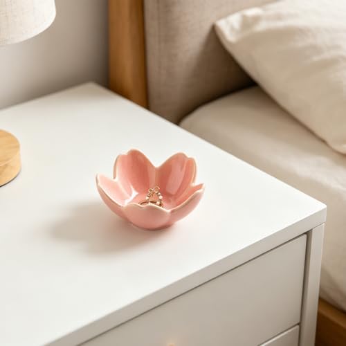 Flower Ceramic Jewelry Dish - Floral Ring Holder Tray and Trinket Bowl for Vanity Organizer, Aesthetic Porcelain Nightstand Decor, Unique Gifts for Women, Her (pink) - color: pink