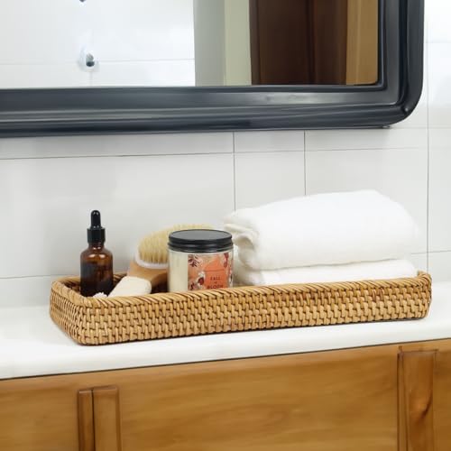 Rattan Bathroom Tray Countertop, Wicker Toilet Tank Basket, Decorative Bathroom Vanity Tray for Decor Coffee Table - size: 16.2" x 6" x 1.8"