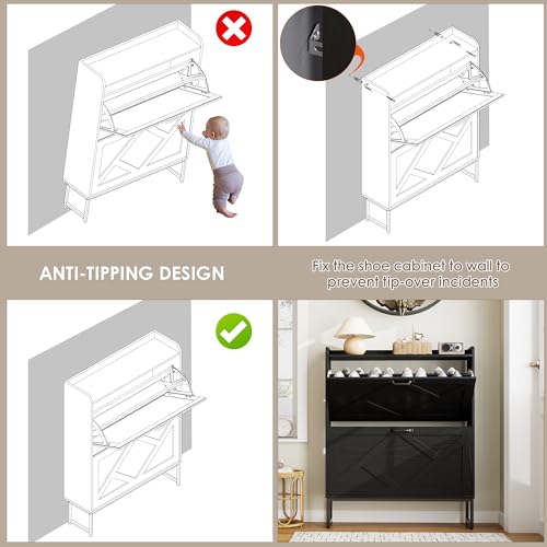 Nicetree Shoe Storage Cabinet with 2 Flip Drawers, Freestanding Shoe Organizer, Shoe Cabinet with Metal Legs, Narrow Shoe Rack Cabinet, Farmhouse Slim Shoe Cabinet for Entryway, Foyer, Hallway, Black - color: Black, style: 2-Drawers