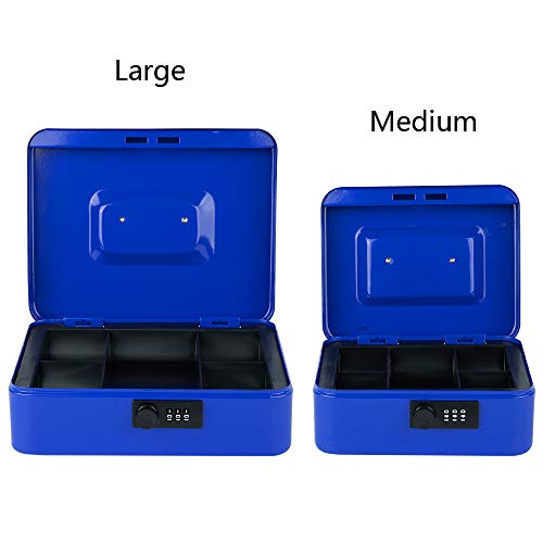 KYODOLED Cash Box with Combination Lock,Safe Metal Box for Money,Storage Lock Box with Money Tray,7.87"x 6.30"x 3.54" Blue Medium - color: Blue, size: Medium