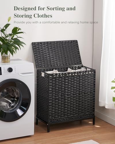 SETVSON Laundry Hamper with Lid 132 L, (35 Gallons) Clothes Hamper with Lid, Handwoven Rattan Laundry Hamper with Metal Heightened Feet, Laundry Hampers with 3 Removable Liner Bags for Laundry-Black - color: Black, size: 132 L - 35 gal