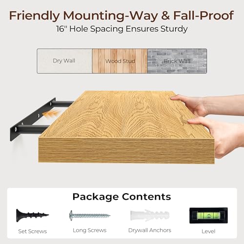 Fun Memories Floating Shelves for Wall 40 Inch Set of 3, Farmhouse Floating Shelves with Invisible Heavy Duty Bracket, 10 Inch Deep Bathroom Shelves for Storage, Living Room, Kitchen, Decor, Oak - color: Oak, size: 40"W x 10"D - 3P