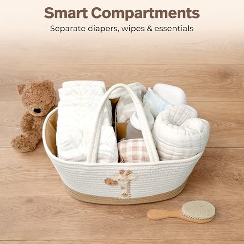 Giraffe Diaper Caddy Organizer for Baby Cotton Rope Nursery Storage Basket 17"x10.5"x7" with Removable Dividers Portable Changing Table Organizer, Car Caddy, Baby Shower Basket
