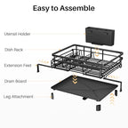 SNTD Dish Drying Rack - Extendable Dish Rack, Large Sink Drying Dish Drainer for Kitchen Counter, Stainless Steel Dish Strainer with Utensil Holder (Black) - color: Black