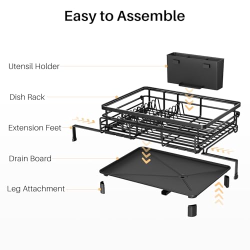 SNTD Dish Drying Rack - Extendable Dish Rack, Large Sink Drying Dish Drainer for Kitchen Counter, Stainless Steel Dish Strainer with Utensil Holder (Black) - color: Black