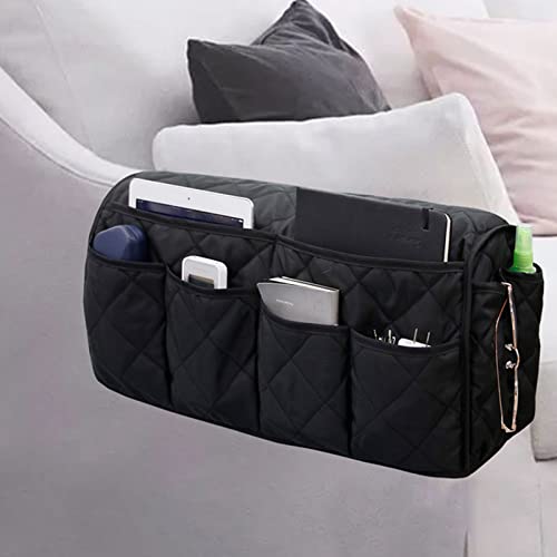 Sofa Armrest Organizer Couch Caddy Pouch Anti-Slip Armchair Bedside Hanging Organizer with 14-Pocket for Tablets, Phones, Books, Magazine, TV Remote Control Holder - color: Black