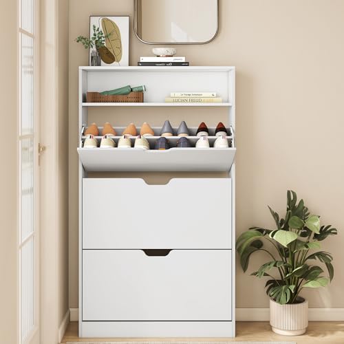 VASAGLE Custos Collection - Shoe Cabinet, Shoe Organizer, Open Compartment, Adjustable and Removable Dividers, 3 Flip Drawers, 9.4 x 31.5 x 54.5 Inches, for 21-24 Pairs, Cloud White ULBC043WB01 - color: Cloud White, size: 9.4"D x 31.5"W x 54.5"H, style: s