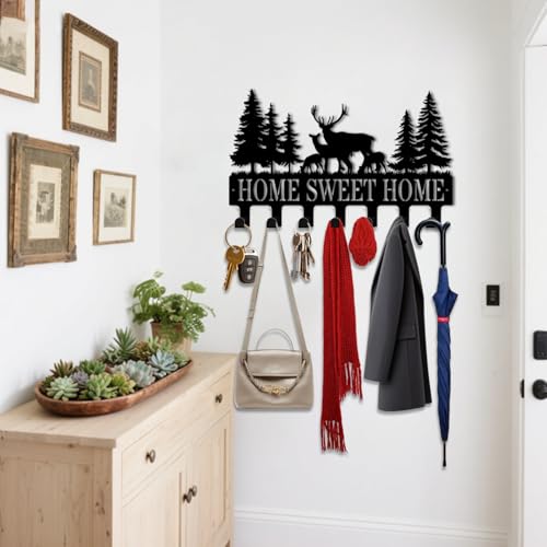Key Holder Wall Mount, Home Sweet Home Sign, Deer Sign, Key Holder Wall for Wall Decorative with 6 Hooks, Organizer Rack Hanger for Entryway, Front Door, Hallway, Office 9.8 inches - color: Deer Sign Home Sweet Home Sign
