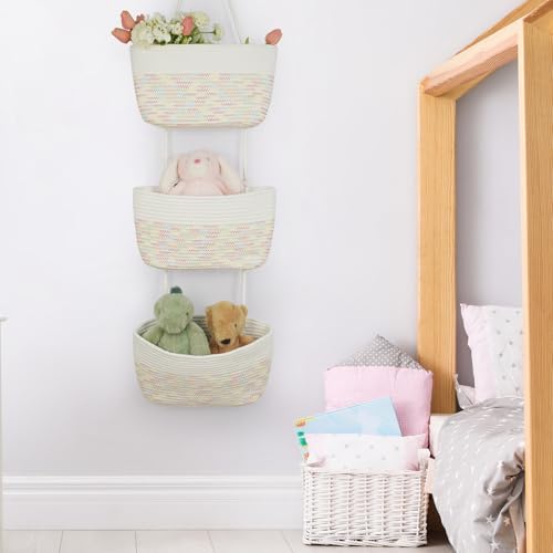 TeoKJ Over the Door Hanging Basket, 3-Tier Woven Cotton Wall-Mounted Storage Organizer Bag Decorative Hanging Nursery Baskets, White & Rainbow Stitching - color: White & Rainbow Stitching