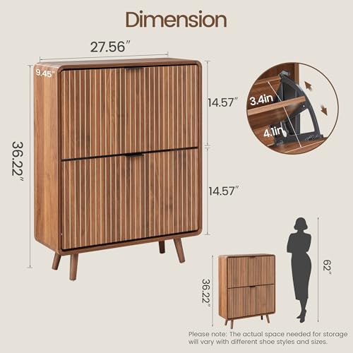 FurSch Fluted Shoe Storage Cabinet with 2 Flip Drawers, Narrow Shoe Rack Cabinet Organizer with Adjustable & Removable Shelves for Entryway (All Walnut, 2 Drawers) - color: All Walnut, size: 2 Drawers