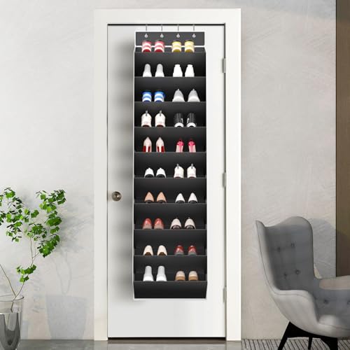 REGELETO 10 Tiers Large Size Over the Door Shoe Organizer Storage, Hanging Shoe Rack for Door with Deep Pockets, Fit 20 Pairs Shoe Organizer Holder for Sneakers and Boots (Black) - color: Black-10 cell