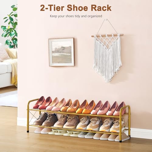 Hoctieon 2 Tier Shoe Rack for Closet, Durable Mesh Style Shoe Rack, Entryway Shoe Shelf, Shoe Storage Organizer for Hallway, Bedroom, Living Room, Wardrobe, Gold - color: Gold, size: 2 Tier