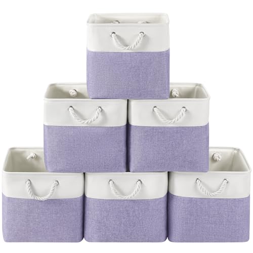 13 x 13 Inch Cube Storage Bins, 6 Pack Fabric Storage Basket with Handles, Foldable Boxes Organizer for Shelf Baskets for Home, Clothes (White/Purple) - color: WhitePurple, size: 13inX13inX13in-6P