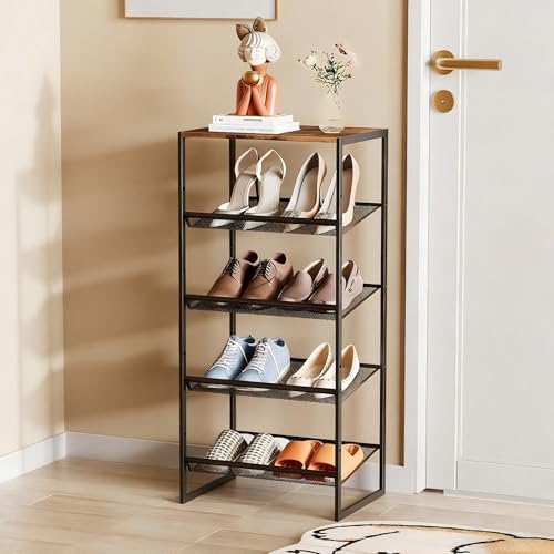 Garden 4 you Shoe Rack for Closet Narrow 5 Tiers, Small Shoe Rack with Brown Wooden Tabletop, Adjustable Metal Shoe Shelf for Closet Entryway Hallway Living Room - color: Brown, size: 5-Tier
