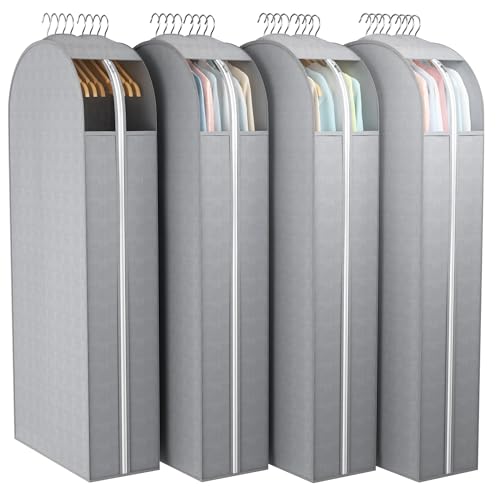 Liuoud 10" Gusseted Garment Bags for Hanging Clothes with Clear Window 50" Suit Bags for Open Closet Storage, Clothing Cover for Coat, Dress, Jacket, Shirt, Fur Wardrobe Protector, 4 Packs - color: Grey with window, size: 50 inch