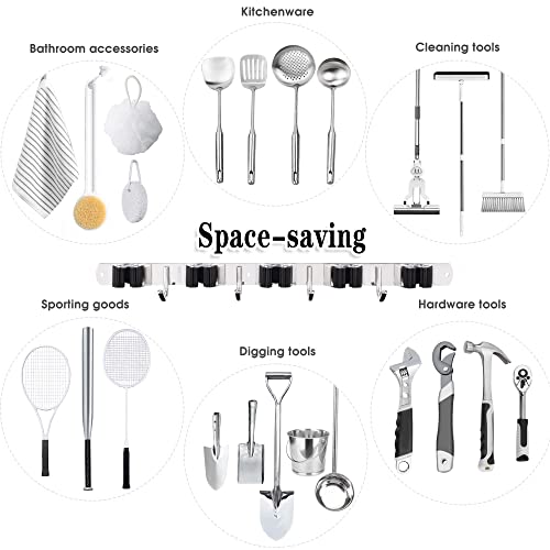 AceMining 5 Racks and 4 Hooks Mop and Broom Holder Wall Mount, Broom Organizer Storage Tool Racks Stainless Steel Heavy Duty Hooks Self Adhesive Solid Non-slip for Home Kitchen Garden Laundry Garage - color: 5 Racks & 4 Hooks (Silver) - 1 Pack