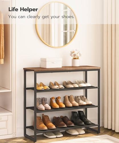 HOOBRO Shoe Rack, 4 Tier Shoe Storage Organizer with 3 Oxford Fabric Shelves and Top Panel, Holds 12-16 Pairs of Shoes for Entryway and Closet, Industrial, Rustic Brown BF47XJ01G1 - color: Rustic Brown + Black, size: 29.5"L x 11.2"W x 23.4"H
