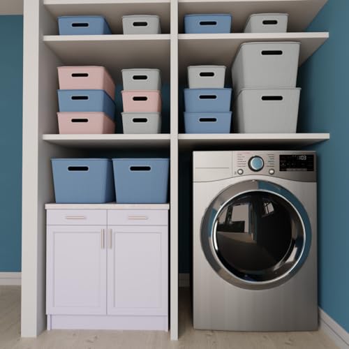 Glad Storage Baskets with Lids - Set of 4 Stackable Plastic Boxes with Handles - Decorative Shelf Organizer Bins for Bathroom and Closet, Grey, 3.1 Gallons - color: Grey, size: 3.1 Gallon