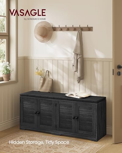VASAGLE Shoe Storage Bench with Cushion, 3-Tier Entryway Bench with Padded Seat, Doors, Adjustable Shelves, 14 x 47.6 x 20.7 Inches, for Hallway, Bedroom, Charcoal Gray and Ink Black ULSB048BA01 - color: Charcoal Gray + Ink Black, size: 14"D x 47.6"W x 20