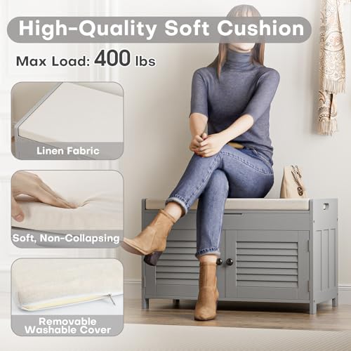 WARMHONIU Shoe Storage Bench with Lift Top Storage, Entryway Bench with Cushioned Seat, Adjustable Shelf, 2 Tier Shoe Rack with Doors for Entryway, Bedroom, Hallway, Mudroom, Grey - color: Grey, style: Lift Top Storage