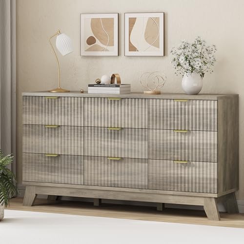 Xixini Fluted Dresser for Bedroom with 9 Drawers, 57" Wide Modern Chest of Drawers with Metal Handle, Wooden Dresser TV Stand, Wood Closet Clothes Storage Organizer for Living Room, Hallway, Grey - color: Grey, size: 15.6"D x 57.1"W x 30.5"H (9 Drawers)
