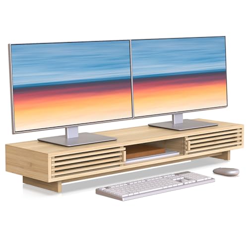 Dual Monitor Stand Riser with Sliding Door, Double Computer Laptop Stand Desk Shelf Organizer with Storage for 2 Monitors (Natural Bamboo, 38 Inch) - color: Natural Bamboo, size: 38 Inch