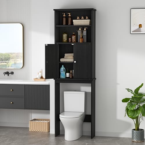 Walsunny Over The Toilet Storage Cabinet, Bathroom Organizer with Open Shelves and Double Doors, Space Saving Toilet Storage, Black - color: Black, style: 2 Open Shelves