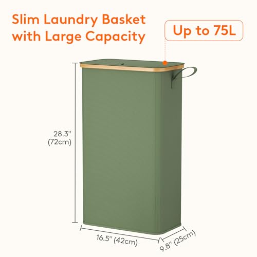 Lifewit 75L Slim Laundry Hamper with Lid, Narrow Laundry Basket with Removable Bag & Bamboo Handles, Fodable Thin Dirty Clothes Hamper for Laundry Collapsible Bin for Bathroom Bedroom Dorm, Green - color: Green, size: 75L