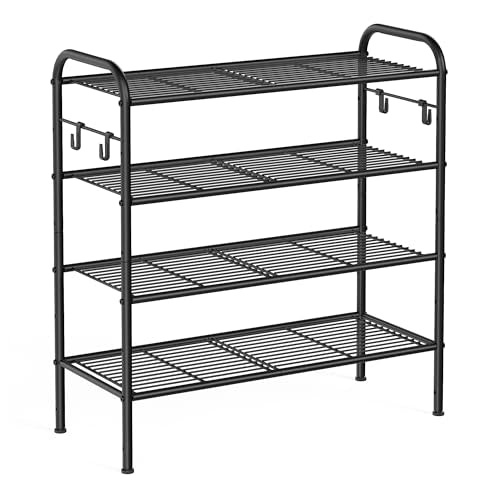 SONGMICS Shoe Rack, 4-Tier Shoe Organizer, Metal Shoe Shelf Storage with 4 Side Hooks, Holds 15 Pairs of Shoes, Height-Adjustable Shoe Rack for Entryway, Hallway, Closet, Ink Black ULMR069B01 - color: Ink Black, size: 4 Tiers (26.7"W)